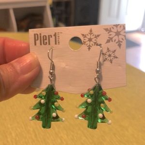 Pier 1 Blown Glass Christmas Tree Earrings NEW ON CARD